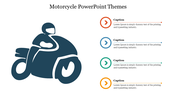Illustration of a motorcyclist riding a large bike on the left, with four colorful circular captions on the right.