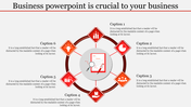 Business slide with a circular flowchart showing six red diamond-shaped icons for captions areas.