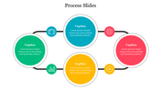 Circular process diagram with five colorful circles in green, teal, red, yellow, and blue, each with a caption and icon.