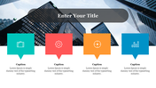 Layout with buildings in the background and four pointing speech bubbles in teal, red, orange, and blue containing icons.