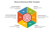A colorful mission statement PPT slide featuring a central target with six surrounding sections on a white backdrop.