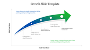 Growth slide with upward pointing arrow segmented into five points, each with placeholder text and vertical lines.