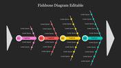 A fishbone diagram template with four colorful branches labeled from 01 to 04, each containing placeholder text for captions.