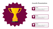 A PowerPoint slide featuring a colorful trophy illustration with placeholder names for awards on a white backdrop.
