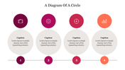 Circular process layout with business icons, captions in beige circles, and step numbers below in matching colored circles.