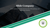 Slide features Company logo with a briefcase icon and a city skyline background with placeholder text.