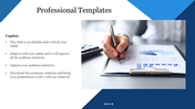 Professional design slide with bullet points on the left and image of a hand writing on financial charts on the right.