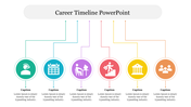 Timeline with six circular icons in different colors, symbolizing various career events connected by lines.