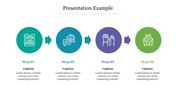 Presentation flow with four icons a legal document, peace symbol, raised hands, and hands holding leaves.