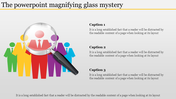 Magnifying glass highlighting colorful silhouettes of people, with three captions on the right against a gray background.