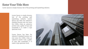 Tall mirrored buildings rise on the right, paired with white background text blocks and burnt orange sidebars on the left.