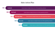 Five step sales action plan with horizontal bars in purple, magenta, red, blue, and teal, each labeled with numbers.