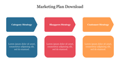 Marketing strategy diagram with three arrows in blue, red, and orange, each paired with a rounded description box below.