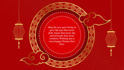 Red and gold chinese new year design with a circular pattern, lanterns, and a festive message in the center.