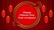 Chinese New Year design featuring red lanterns, gold clouds, and a round frame with patterned border on red background.