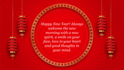 Elegant New Year template with hanging red lanterns and a centered greeting in a gold-bordered circle.