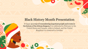 Illustration of a woman with a colorful headwrap on a patterned beige background, with black history month text beside.