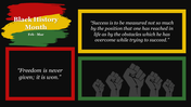 Black History Month slide with Pan African colors, quotes by Booker T. Washington and Nelson Mandela, and raised fists.
