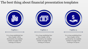 Financial template with three blue icons coins, money bills, and a hand holding a dollar sign, aligned horizontally.