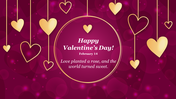 Valentine's day greeting with golden hanging hearts and a circular frame on a deep magenta background.