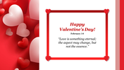 Red and white heart shapes on left; greeting message in red heart-bordered frame on white background at center right.