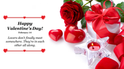 Valentine's Day themed PowerPoint background with red hearts, a rose, a gift box, and a lit candle.