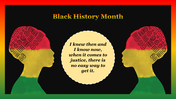 Slide featuring two female silhouettes with intricate patterns in red, yellow, and green, and a circular quote on justice.