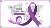 World cancer day poster with a large purple awareness ribbon and the date, 4th february, over a world map background.