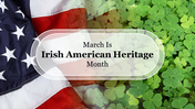 A blend of the American flag and green clovers with a transparent white oval centerpiece for text.