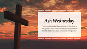 A serene Ash Wednesday slide background with a cross against a sunset sky, accompanied by a biblical quote.