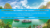Scenic landscape of a river with boats and limestone cliffs, overlaid with a quote about military service in Vietnam.