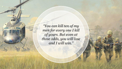 Vietnam War Background with soldiers, helicopters, smoky sky, grass field, earthy tones, and circular text holder.