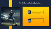 Sports slide with a female soccer player on the left and two yellow text boxes with sport icons and captions on the right.