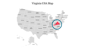 Gray map of the USA with Virginia highlighted in red and circled in blue, located on the east coast.