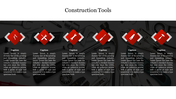 Slide displaying construction tool icons in red box each with captions areas on a dark background.