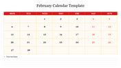 February calendar template with a grid layout, showing the days of the week from Monday to Sunday.