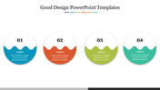 A PowerPoint template with four circular icons numbered 01 to 04, each with colorful waves and a caption space beneath.