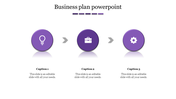 A business plan slide featuring three purple circular icons with caption text below each.