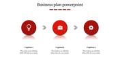 Three step business plan infographic with red circular icons for idea, briefcase, and gear, connected by gray arrows.