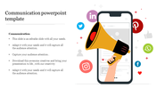 Digital communication slide with a phone, showing a hand holding a megaphone, and various social icons scattered around.