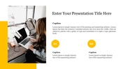 Slide featuring a person working on a laptop surrounded by yellow accents, and two numbered text sections on the right.