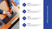 Best design with numbered steps in blue diamonds, caption text aligned right, and a hand-on-keyboard photo on the left.