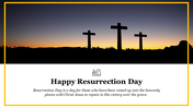 Resurrection slide with three crosses at sunrise and a message celebrating the victory of christ over the grave.