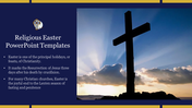 A cross silhouetted against a bright sky, with text explaining the significance of easter in christianity.