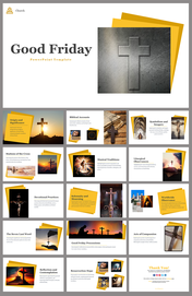 Good Friday template featuring a cross-themed design and multiple slides with religious imagery and text layouts.