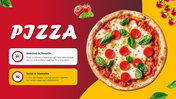Pizza slide with ceesy pepperoni pizza, basil, tomato graphics, red-yellow background, bold title, and text holder boxes.