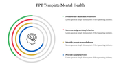 PowerPoint slide showing a mental health diagram with colorful concentric rings, each labeled with key actions.