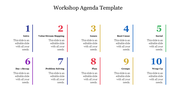 Slide displaying a ten-item workshop agenda topics like Intro, Value Stream Mapping, each with colorful numbered text area.