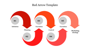 Five curved red arrows forming a sequential flow with gray numbered circles, indicating steps, placed on a white background.