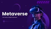Metaverse Presentation Slides showing dark purple design, VR images, icons, shapes and content layout slides.